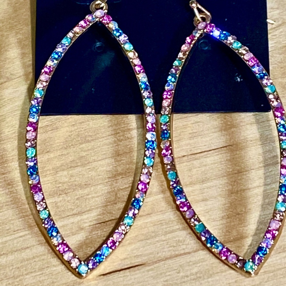 Multi-colored Rhinestone Pave Oval Hoop Earrings